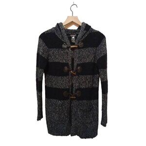 Devoted Long Black & Gray Marle Striped Toggle Closure Hooded Cardigan Sz XS